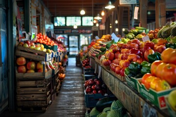A store brimming with a colorful assortment of fresh fruits and vegetables, showcasing the vibrant atmosphere of a farmers market - obrazy, fototapety, plakaty
