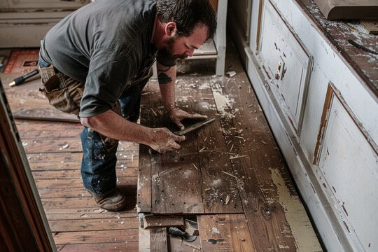 A man focused on carving a piece of wood for the restoration of a historic home, showcasing preservation efforts