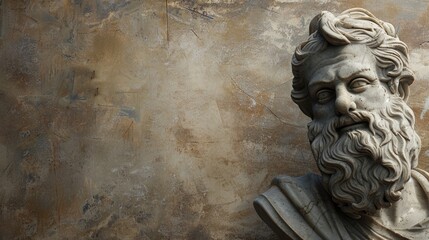 Greek Philosopher Statue with Copy Space on Wall - obrazy, fototapety, plakaty