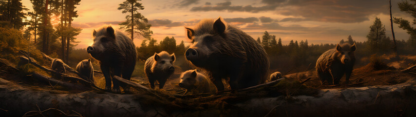 Group of boars running in the forest river with setting sun. Horizontal, banner.