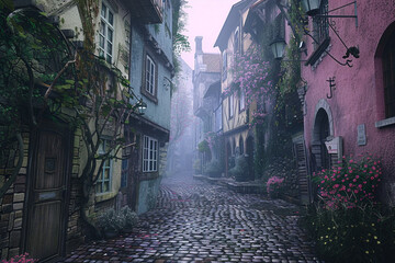 An enchanting 4K image of a quaint cobblestone street in an old European town, with colorful...
