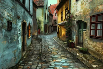 Fotobehang An enchanting 4K image of a quaint cobblestone street in an old European town, with colorful buildings lining the narrow thoroughfare, evoking a sense of charm and history. © CREATER CENTER