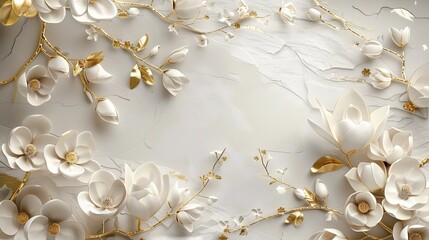 Fototapeta na wymiar 3d wallpaper with golden and white flowers, white background
