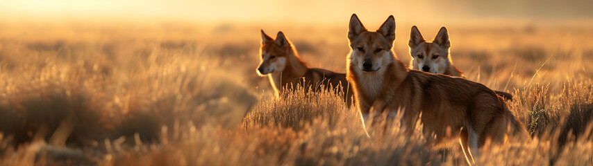 Dingo family standing in front of the camera in the rocky plains with setting sun. Group of wild animals in nature. Horizontal, banner. - Powered by Adobe