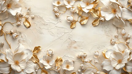 3d wallpaper with golden and white flowers, white background