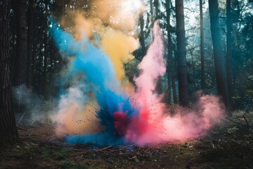 Fototapeta premium A group of colored smoke bursts in the woods, creating a vibrant and dynamic scene