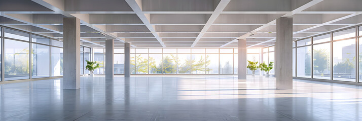 3d rendering empty room with glass wall and floor,Symmetrical Building Windows