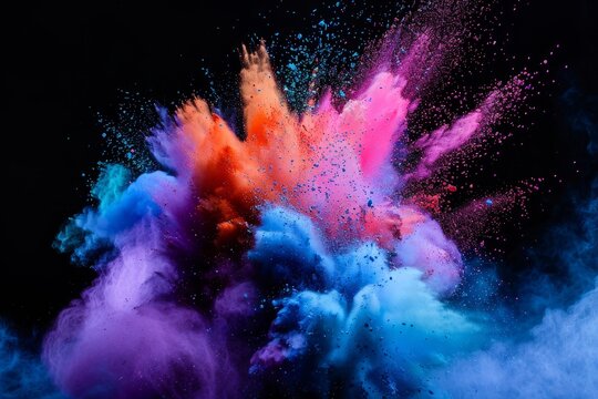 Colorful powder bursts in the air, displaying bright hues and dynamic movement against a black backdrop