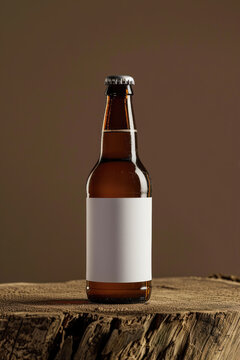 bottle of beer with a blank white label on wooden table for mockup 