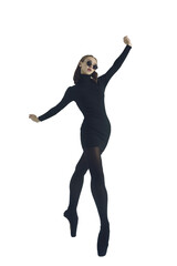 Obraz premium a young ballerina in a black dress and sunglasses total black demonstrates choreography on pointe shoes, isolated on transparent background, png