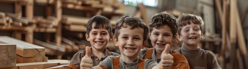 Group of children doing their dream job as Joiners standing in the joiners workshop. Concept of Creativity, Happiness, Dream come true and Teamwork. - obrazy, fototapety, plakaty
