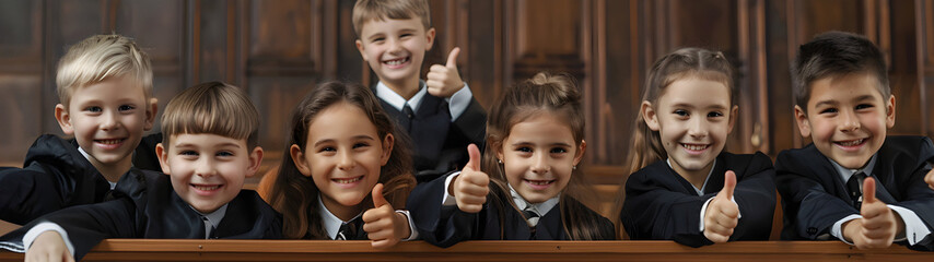 Group of children smiling, having thumbs up doing their dream job as Judges sitting in the court room. Concept of Creativity, Happiness, Dream come true and Teamwork.