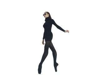 Fototapeta na wymiar a young ballerina in a black dress and sunglasses total black demonstrates choreography on pointe shoes, isolated on transparent background, png
