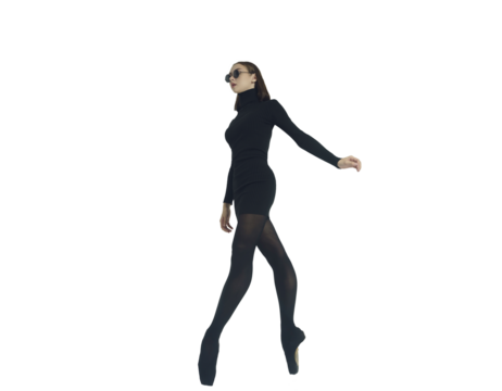a young ballerina in a black dress and sunglasses total black demonstrates choreography on pointe shoes, isolated on transparent background, png