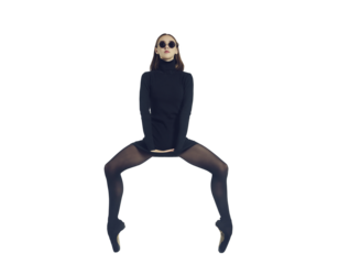 young ballerina in a black dress and sunglasses total black makes a plie, isolated on transparent background, png