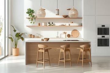 Fototapeta na wymiar A stylish kitchen featuring a sleek counter, matching chairs, and organized shelves, embodying Scandinavian minimalism