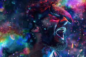 A man with a beard and curly hair wearing a VR headset is screaming in the middle of a colorful and chaotic virtual world