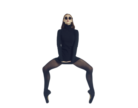 young ballerina in a black dress and sunglasses total black makes a plie, isolated on transparent background, png