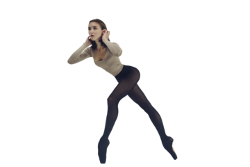 young ballerina demonstrates choreography on pointe shoes, isolated on transparent background, png