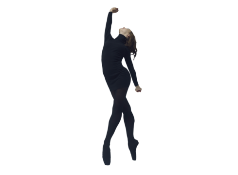 a young ballerina in a black dress and sunglasses total black demonstrates choreography on pointe shoes, isolated on transparent background, png