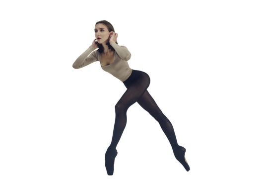 young ballerina demonstrates choreography on pointe shoes, isolated on transparent background, png