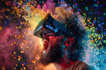 Obraz na płótnie Canvas A man with a beard and curly hair wearing a VR headset is screaming in the middle of a colorful and chaotic virtual world