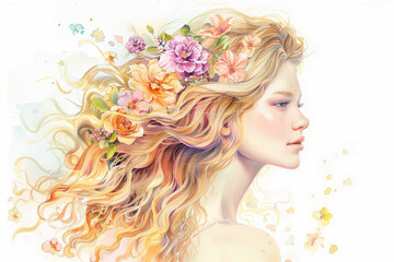 Watercolor young woman with flowers portrait art. Colorful creative watercolor illustration. The young lady with flowers adorning her hair