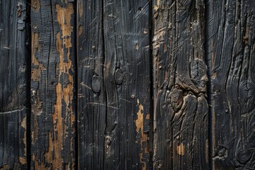 Close-up view of a dark wooden wall revealing peeling paint, cracks, and knots due to weathering and aging