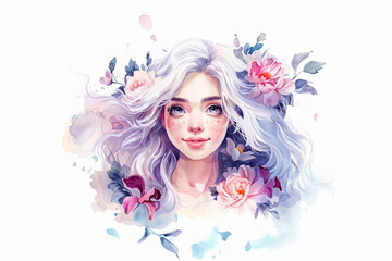 Watercolor young woman with flowers portrait art. Colorful creative watercolor illustration. The young lady with flowers adorning her hair