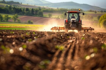 A tractor is actively plowing a field of crops, preparing the land for cultivation