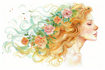 Watercolor young woman with flowers portrait art. Colorful creative watercolor illustration. The young lady with flowers adorning her hair