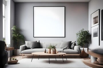Grey sofa, with a coffee table in the interior, on the wall mocap