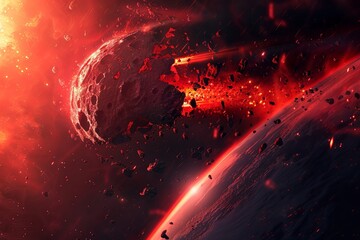 Red asteroid flying in space, broken into pieces and debris around it - obrazy, fototapety, plakaty