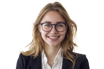 Obraz premium Portrait of young happy smiling businesswoman isolated on white background