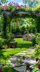 Fototapeta na wymiar Charming Garden Landscape with Manicured Lawn, Floral Splendor, and Cobblestone Pathways