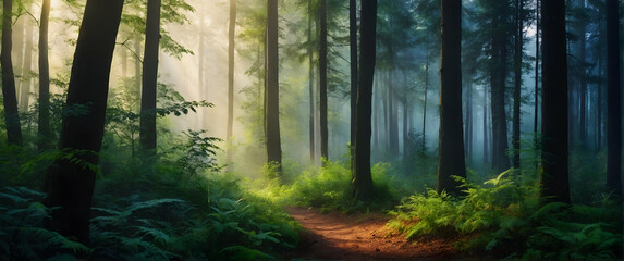 for advertisement and banner as Forest Whispers Convey the mystical allure of whispering woods and forests. in Fresh Landscape theme ,Full depth of field, high quality ,include copy space on left, No  - obrazy, fototapety, plakaty