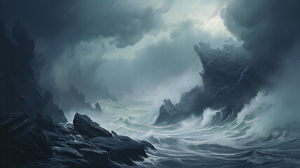 An otherworldly seascape with jagged cliffs and crashing waves. - obrazy, fototapety, plakaty