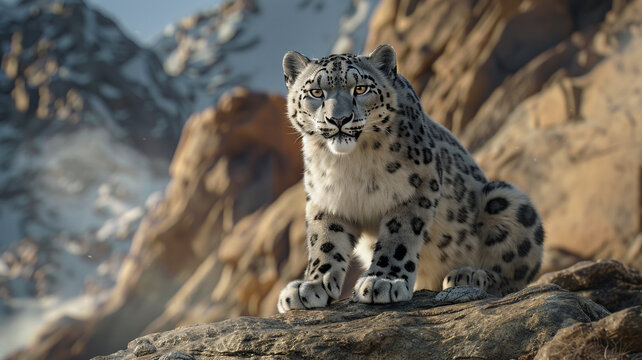 Awe-inspiring ultra 4k, 8k photo of a snow leopard perched on a rocky ledge, its piercing gaze fixed on its prey, captured with unparalleled realism by an HD camera.
