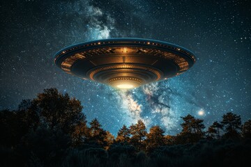 Flying saucer landing on Earth, with a focus on its otherworldly features and mysterious aura, resembling a scene from a science. - Powered by Adobe