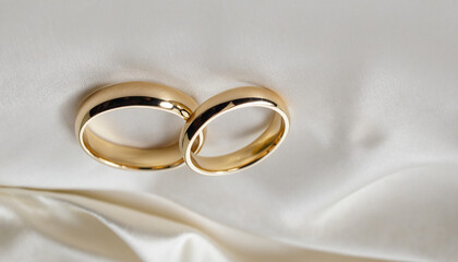 Wedding rings on a fabric background close-up with copy space bright colors