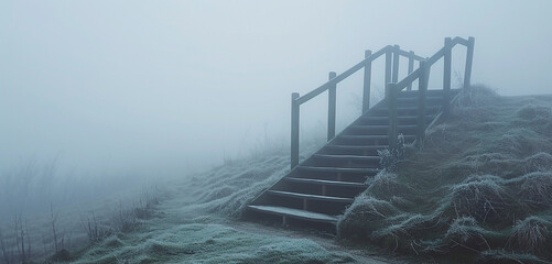 A staircase disappearing into the mist on a foggy morning in the countryside