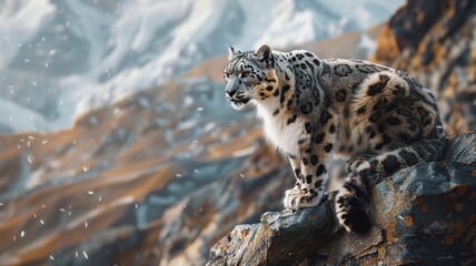 Awe-inspiring ultra 4k, 8k photo of a snow leopard perched on a rocky ledge, its piercing gaze fixed on its prey, captured with unparalleled realism by an HD camera. - obrazy, fototapety, plakaty