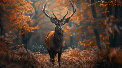 Awe-inspiring ultra 4k, 8k photo of a majestic stag standing proudly amidst a forest clearing, its antlers towering above the surrounding foliage, captured with unparalleled realism by an HD camera. - obrazy, fototapety, plakaty