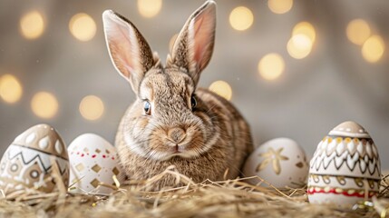 Fototapeta na wymiar Easter Bunny in a Hay Nest with Eggs Generative AI