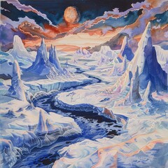 Arcticlike alien ecosystem with thermal vents, handdrawn, watercolor pastels, freezing dusk, wide angle