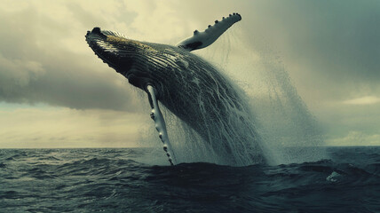 Awe-inspiring ultra 4k, 8k photo of a majestic humpback whale breaching the surface of the ocean, 