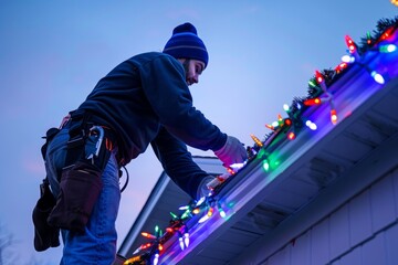 Man Installing Christmas Lights on Home's Eaves - obrazy, fototapety, plakaty