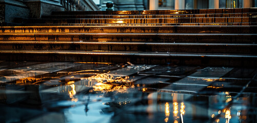 Reflections of city lights shimmering on the polished marble steps of a grand staircase