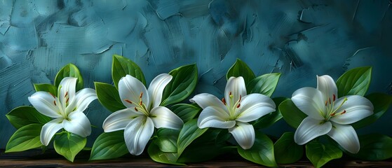 Elegant White Lilies on Blue Background with Green Leaves: Perfect for a Condolence Card. Concept Condolence Card, Elegant White Lilies, Blue Background, Green Leaves, Sympathy Greeting