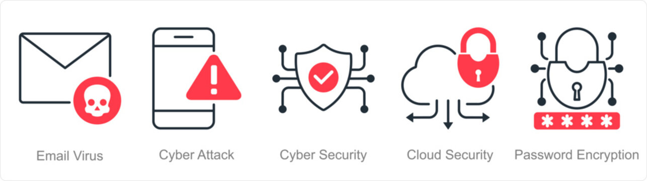 A set of 5 security icons as email virus, cyber attack, cybr security